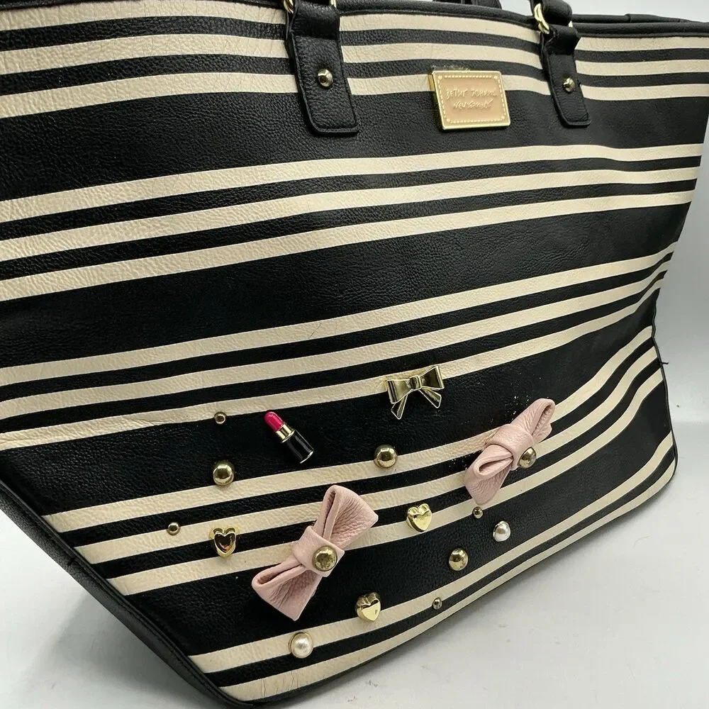 Betsey Johnson Black White Stripe Large Tote Bag Bows Hearts Lipstick Charms